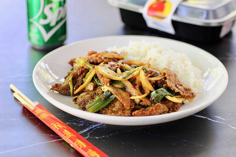 Jose Mier Mongolian beef on Sun Valley, CA table