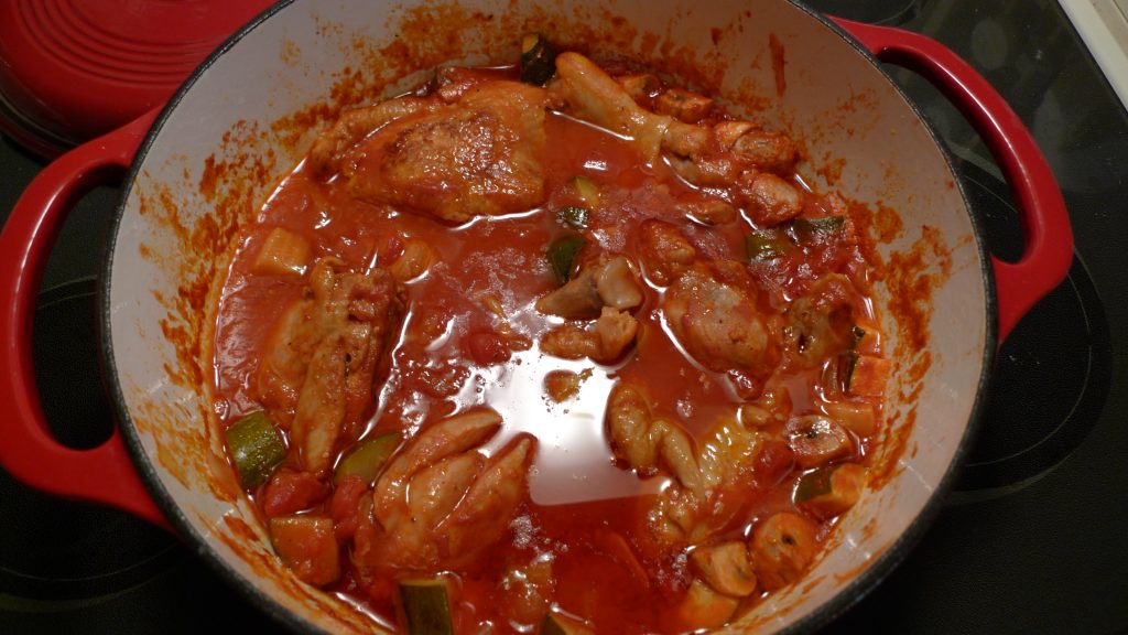 Jose Mier rustic Italian chicken cacciatore served in a pan in Sun Valley , CA kitchen